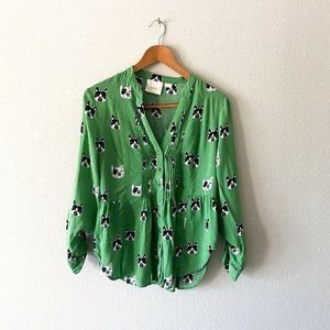 Anthropologie Maeve green dog print pleated long sleeve blouse size 10
